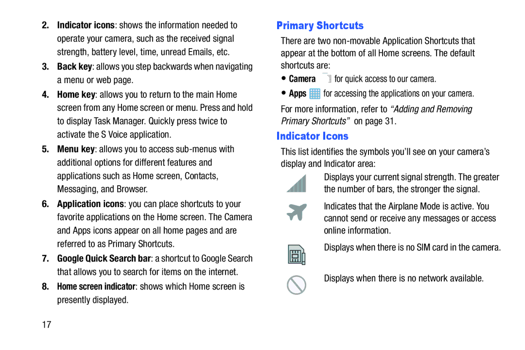 Samsung EK-GC100ZWAATT user manual Primary Shortcuts, Indicator Icons 