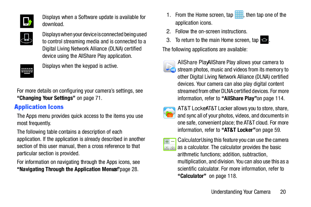 Samsung EK-GC100ZWAATT user manual Application Icons, Displays when a Software update is available for download 