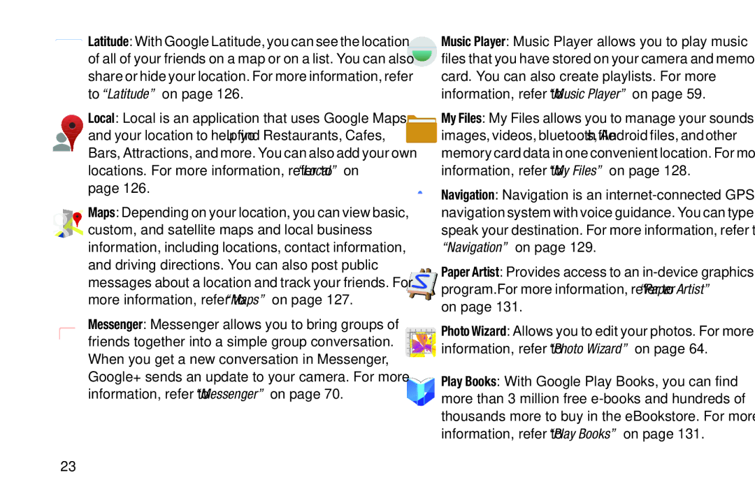 Samsung EK-GC100ZWAATT user manual Information, refer to My Files on, Music Player Music Player allows you to play music 