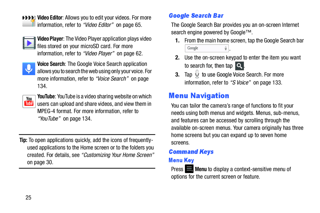 Samsung EK-GC100ZWAATT user manual Menu Navigation, Google Search Bar, Command Keys, To search for, then tap, Menu Key 