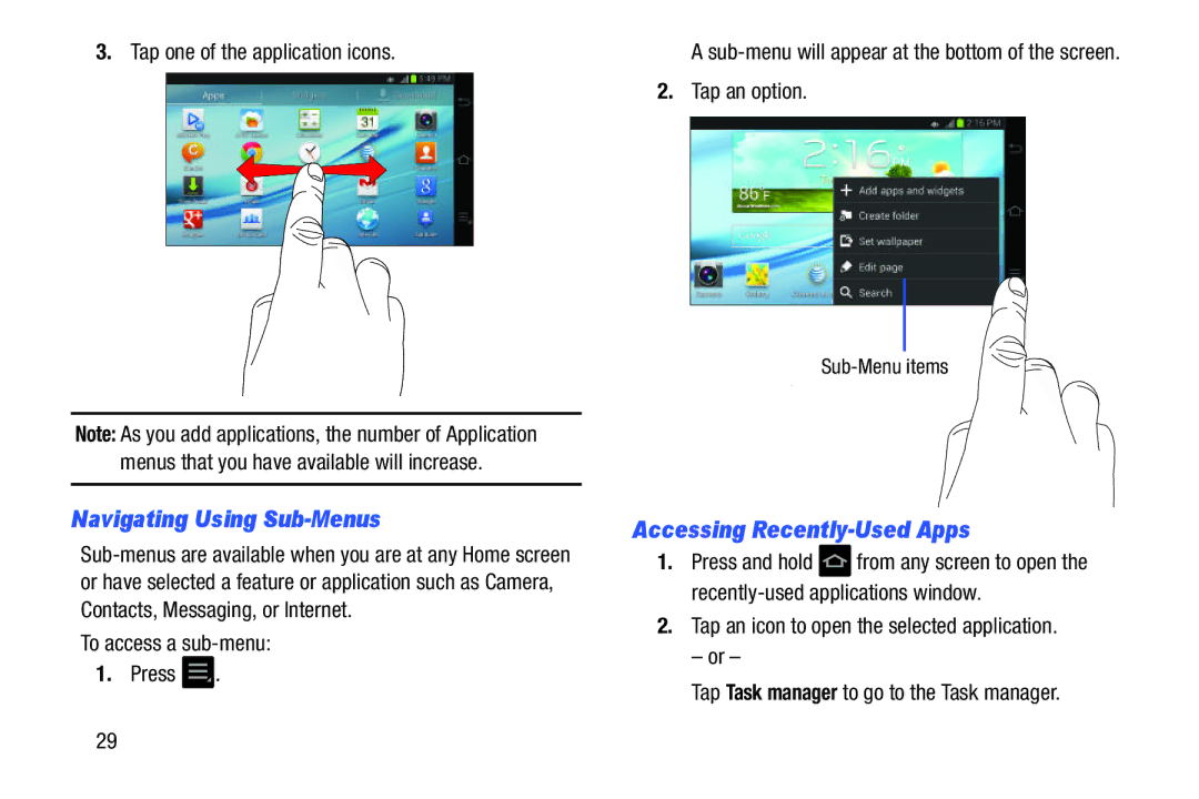 Samsung EK-GC100ZWAATT Navigating Using Sub-Menus, Accessing Recently-Used Apps, Tap one of the application icons 