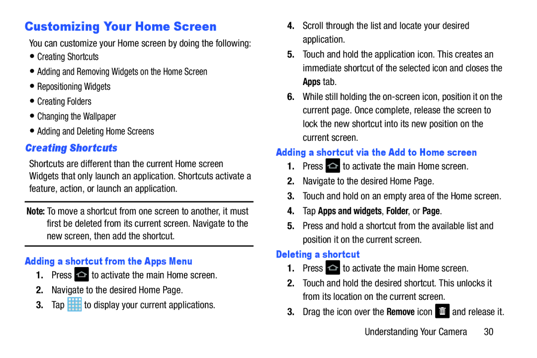 Samsung EK-GC100ZWAATT user manual Customizing Your Home Screen, Creating Shortcuts, Adding a shortcut from the Apps Menu 