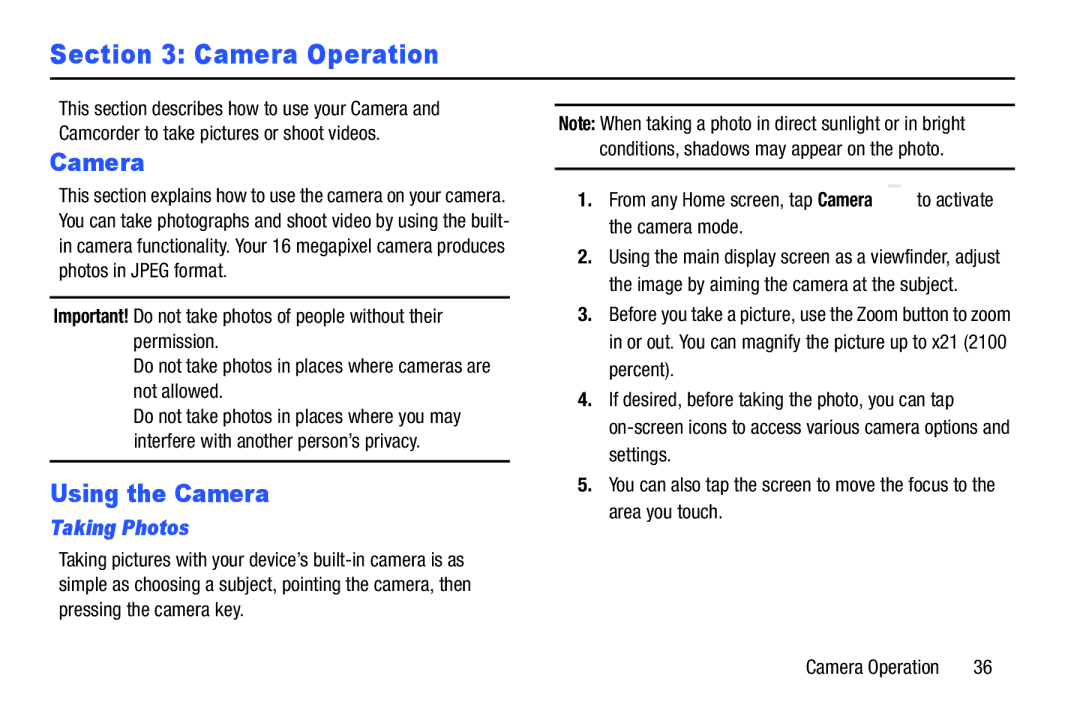 Samsung EK-GC100ZWAATT user manual Camera Operation, Using the Camera, Taking Photos 