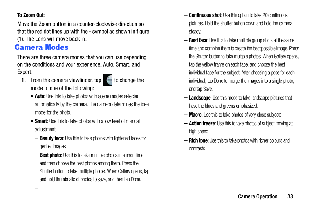 Samsung EK-GC100ZWAATT user manual Camera Modes, To Zoom Out, Lens will move back 