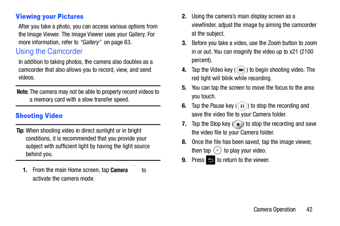 Samsung EK-GC100ZWAATT user manual Using the Camcorder, Viewing your Pictures, Shooting Video 