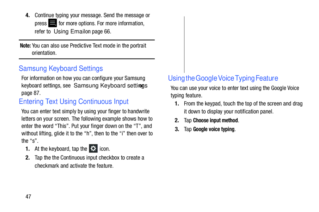 Samsung EK-GC100ZWAATT user manual Samsung Keyboard Settings, Tap Choose input method Tap Google voice typing 