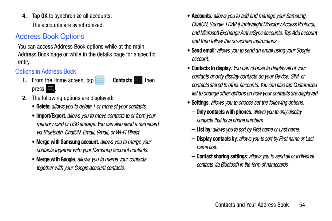 Samsung EK-GC100ZWAATT user manual Address Book Options, Options in Address Book 