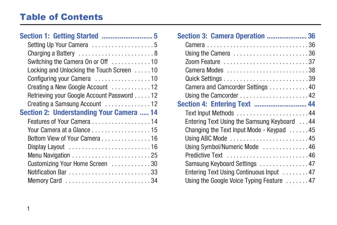 Samsung EK-GC100ZWAATT user manual Table of Contents 