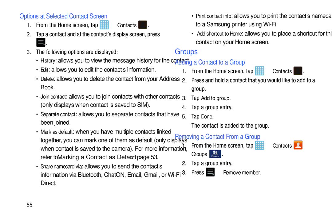 Samsung EK-GC100ZWAATT user manual Groups, Options at Selected Contact Screen, Adding a Contact to a Group 