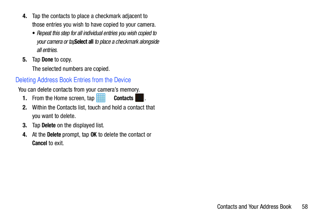 Samsung EK-GC100ZWAATT Deleting Address Book Entries from the Device, Tap Done to copy Selected numbers are copied 