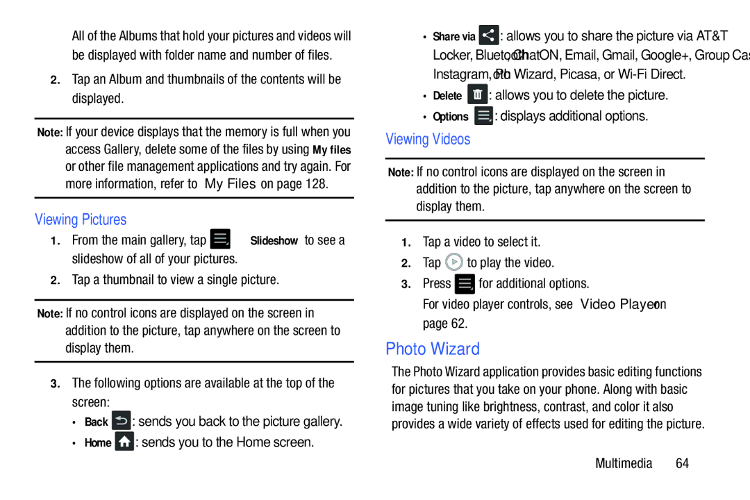 Samsung EK-GC100ZWAATT user manual Photo Wizard, Viewing Pictures, Viewing Videos 