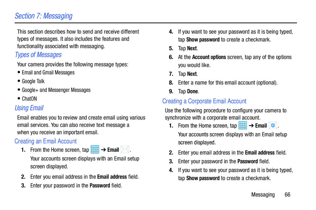 Samsung EK-GC100ZWAATT user manual Messaging, Types of Messages, Using Email, Creating an Email Account 