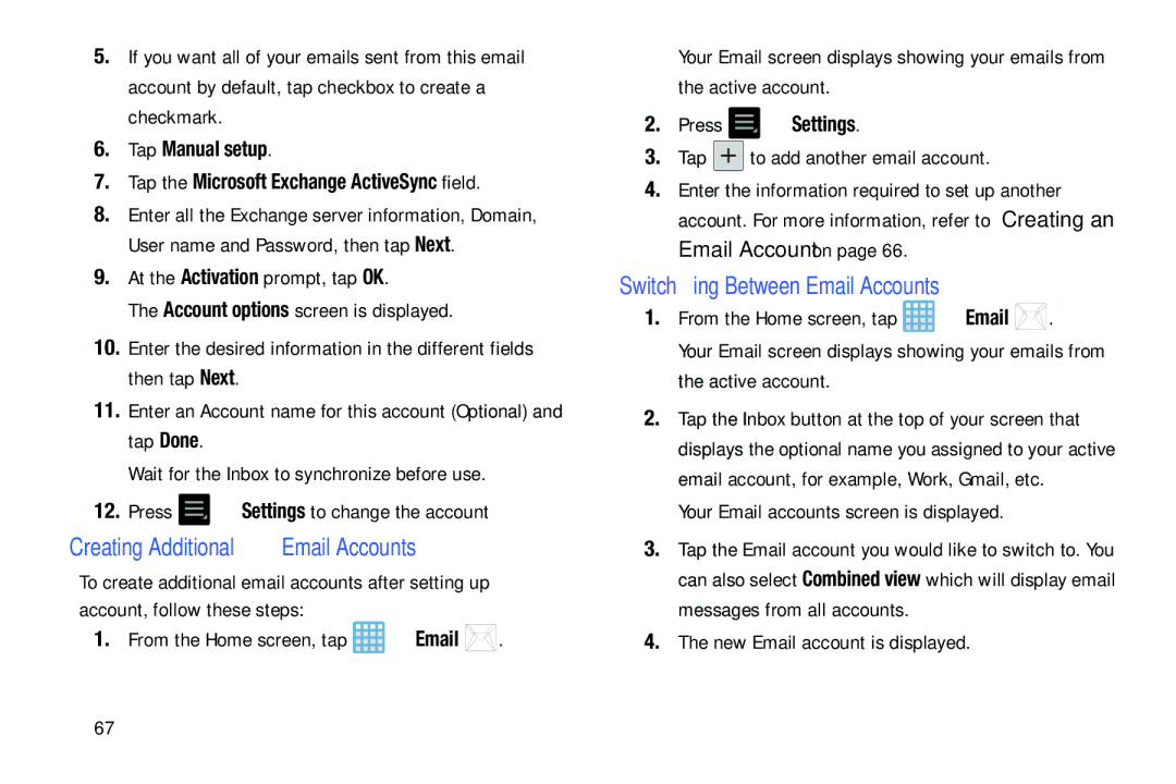 Samsung EK-GC100ZWAATT user manual Creating Additional Email Accounts, Switching Between Email Accounts 