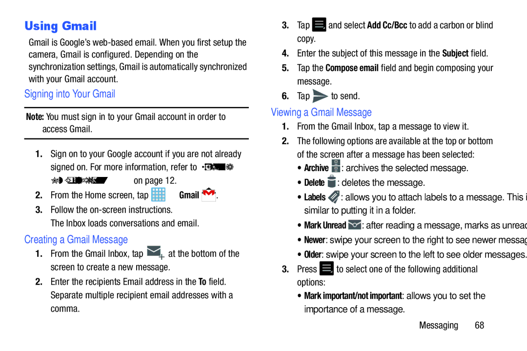 Samsung EK-GC100ZWAATT user manual Using Gmail, Signing into Your Gmail, Creating a Gmail Message, Viewing a Gmail Message 