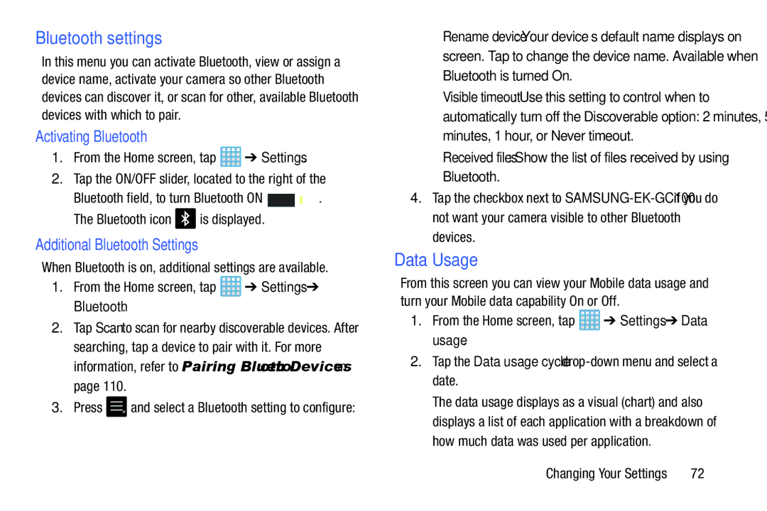 Samsung EK-GC100ZWAATT Bluetooth settings, Data Usage, Activating Bluetooth, Additional Bluetooth Settings, Bluetooth icon 