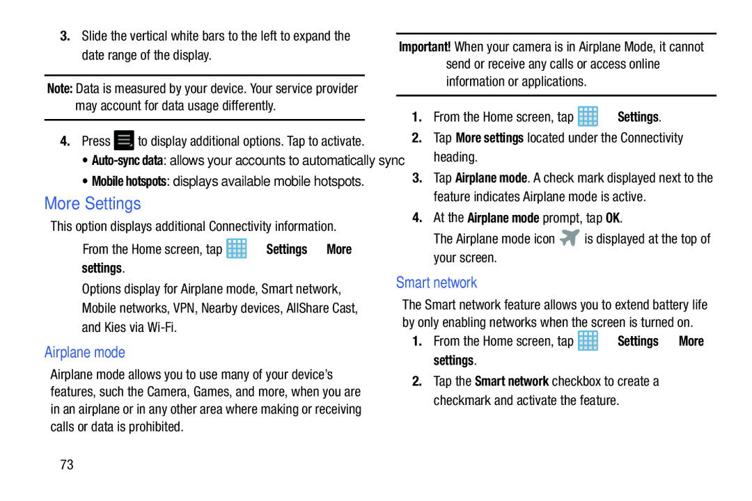 Samsung EK-GC100ZWAATT user manual More Settings, Airplane mode, Smart network 