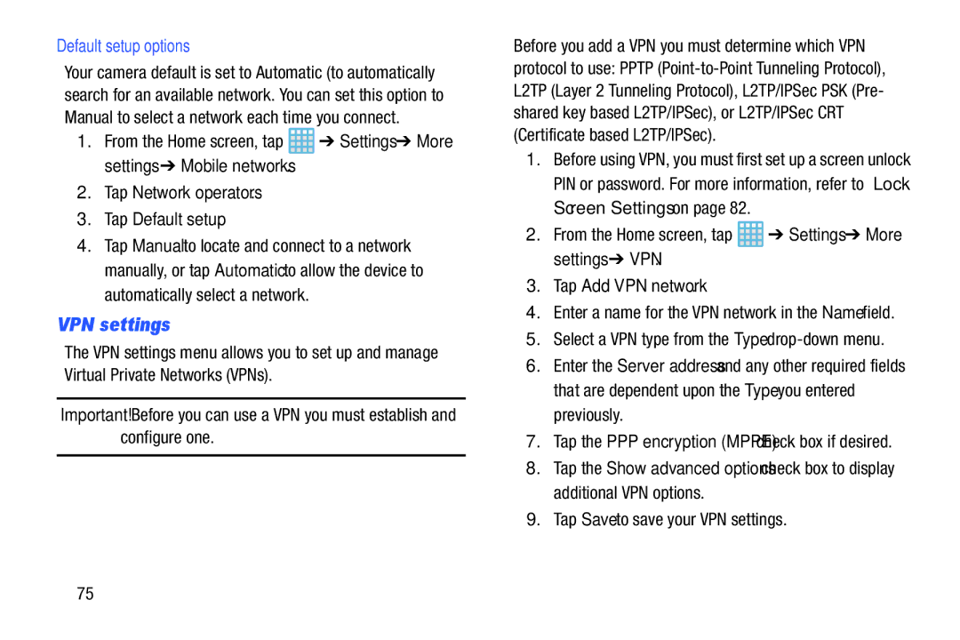 Samsung EK-GC100ZWAATT VPN settings, Default setup options, Tap Network operators Tap Default setup, Tap Add VPN network 