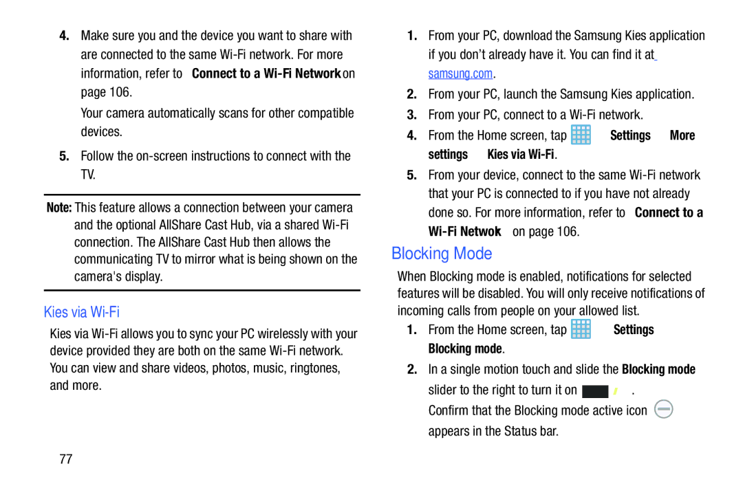 Samsung EK-GC100ZWAATT user manual Blocking Mode, Kies via Wi-Fi, From your PC, connect to a Wi-Fi network 