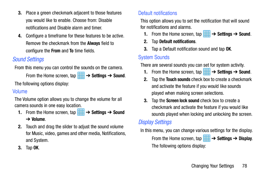 Samsung EK-GC100ZWAATT user manual Sound Settings, Display Settings, Volume, Default notifications, System Sounds 