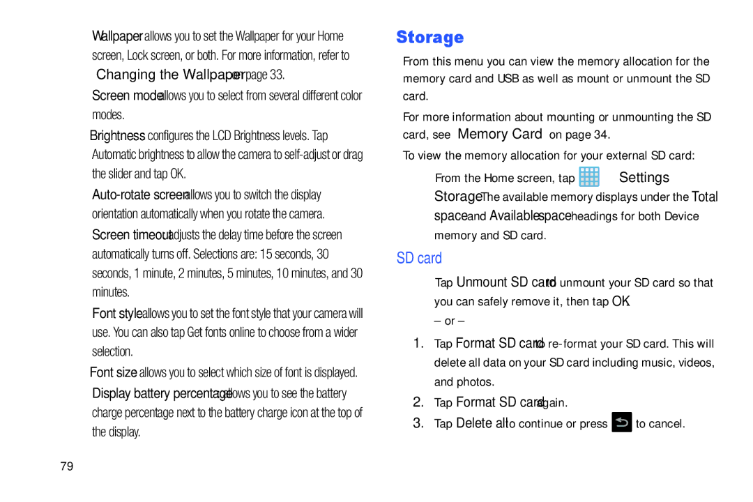 Samsung EK-GC100ZWAATT user manual Storage, Tap Format SD card again, Tap Delete all to continue or press to cancel 