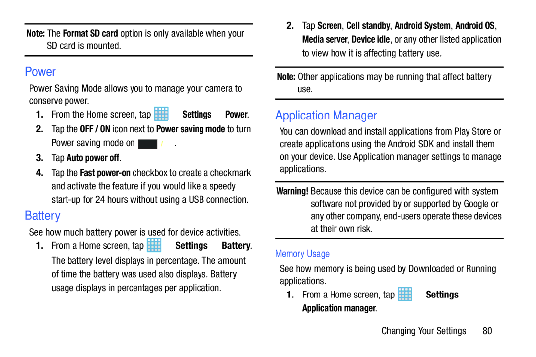 Samsung EK-GC100ZWAATT user manual Power, Battery, Application Manager, Tap Auto power off, Memory Usage 