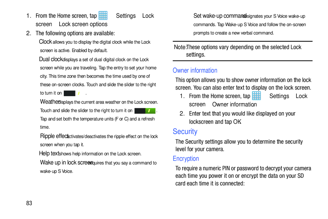 Samsung EK-GC100ZWAATT user manual Security, Owner information, Encryption 