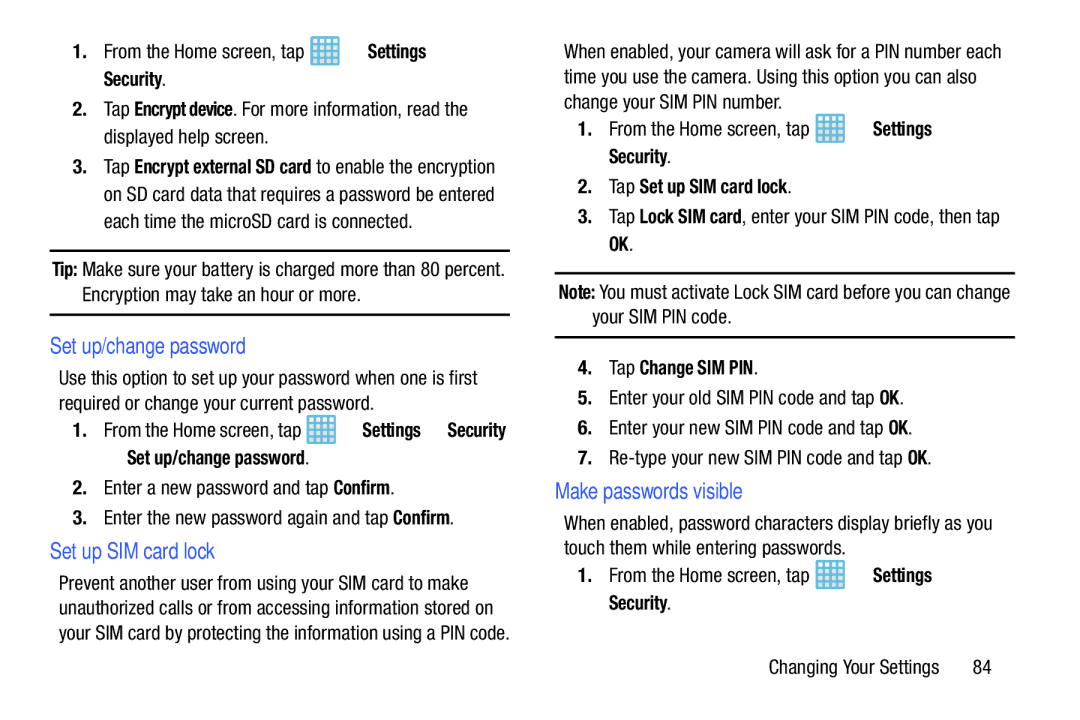 Samsung EK-GC100ZWAATT user manual Set up/change password, Set up SIM card lock, Make passwords visible 