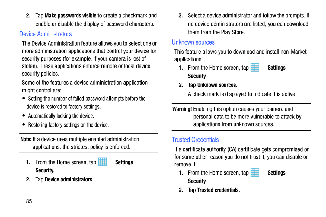 Samsung EK-GC100ZWAATT user manual Device Administrators, Unknown sources, Trusted Credentials 