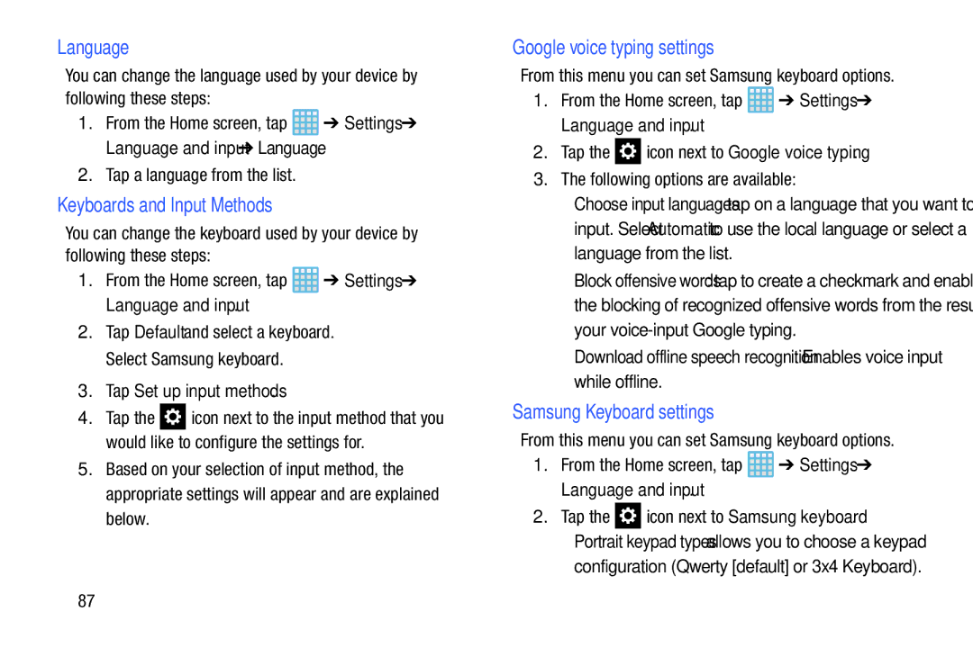 Samsung EK-GC100ZWAATT Language, Keyboards and Input Methods, Google voice typing settings, Samsung Keyboard settings 