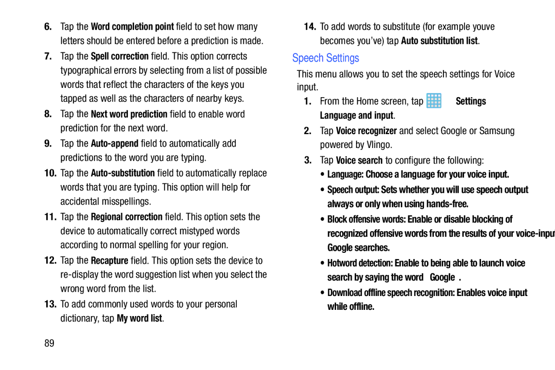 Samsung EK-GC100ZWAATT user manual Speech Settings, Tap Voice search to configure the following 