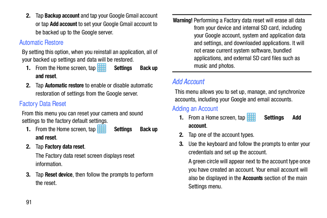 Samsung EK-GC100ZWAATT Add Account, Automatic Restore, Factory Data Reset, Adding an Account, Tap Factory data reset 