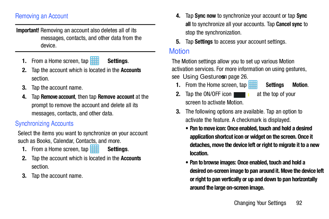 Samsung EK-GC100ZWAATT Motion, Removing an Account, Synchronizing Accounts, Tap Settings to access your account settings 