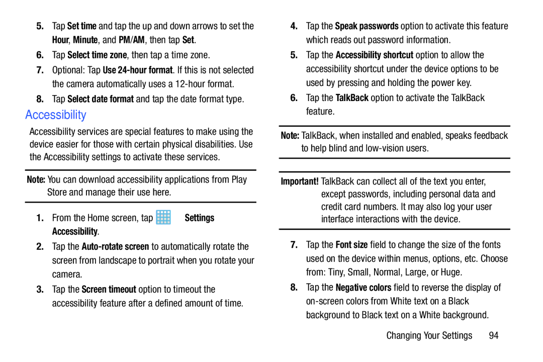 Samsung EK-GC100ZWAATT user manual Accessibility, Tap Select time zone, then tap a time zone 