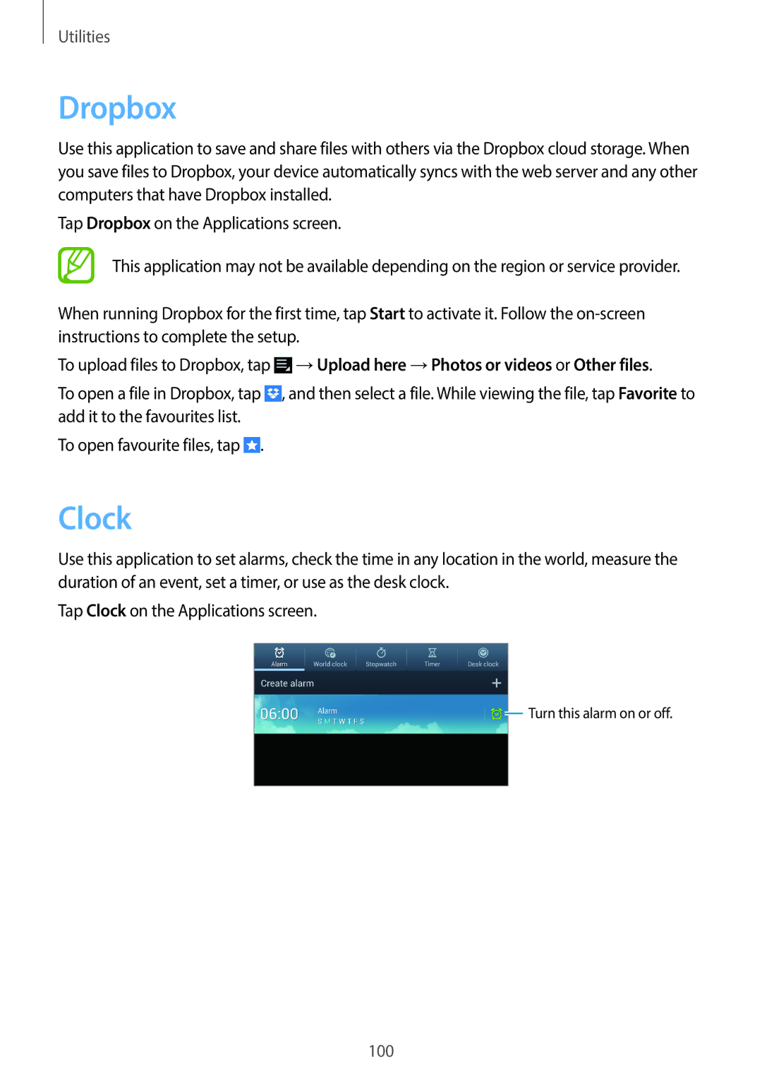 Samsung EK-GC110ZWAXAR user manual Dropbox, Clock 