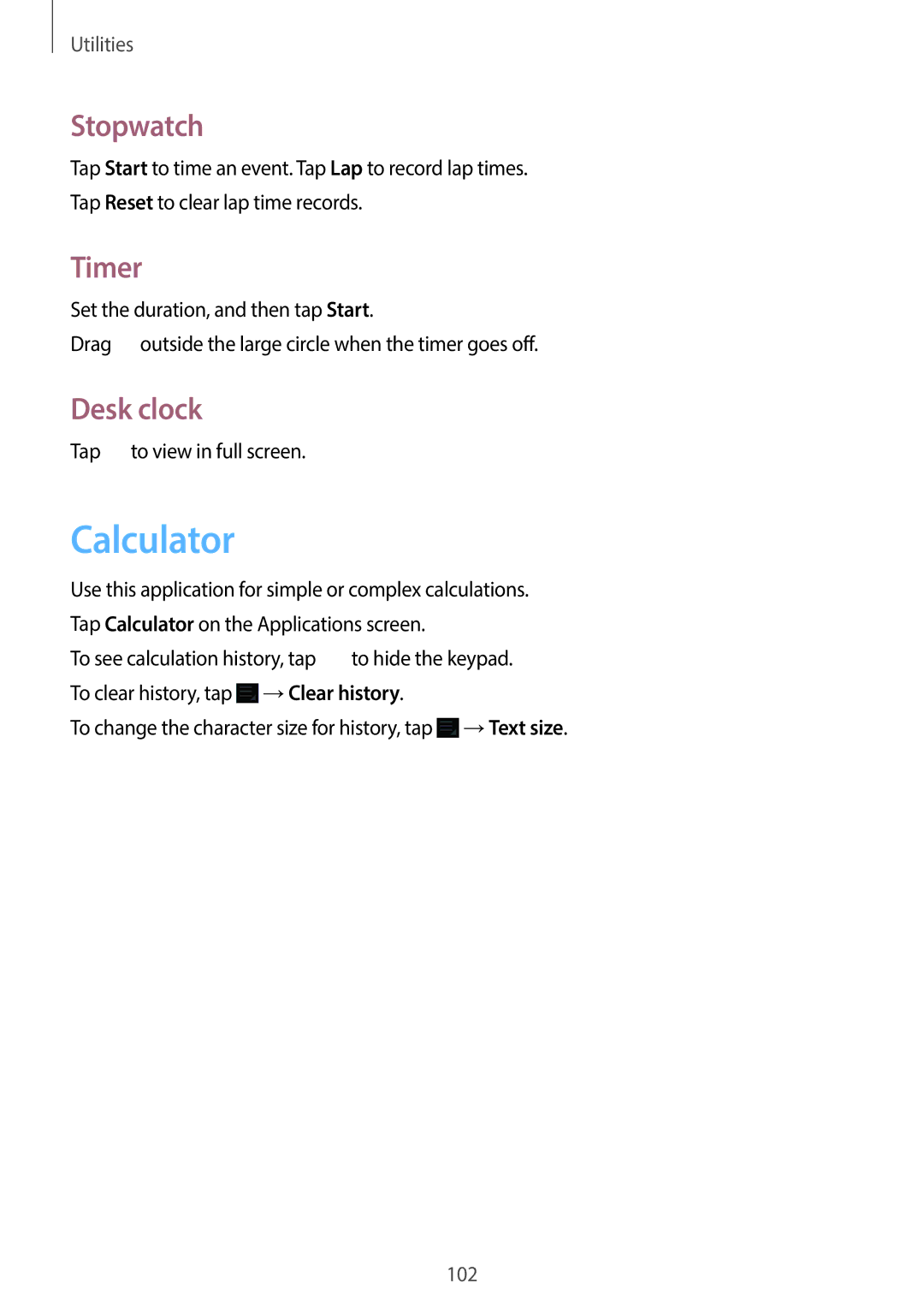 Samsung EK-GC110ZWAXAR user manual Calculator, Stopwatch, Timer, Desk clock, →Clear history 