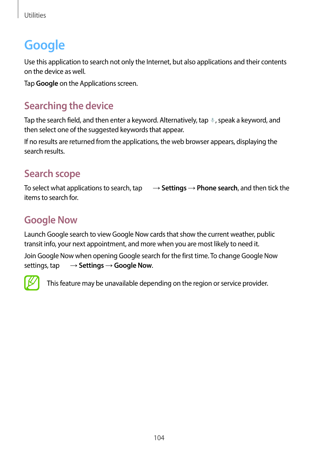 Samsung EK-GC110ZWAXAR user manual Searching the device, Search scope, Google Now 