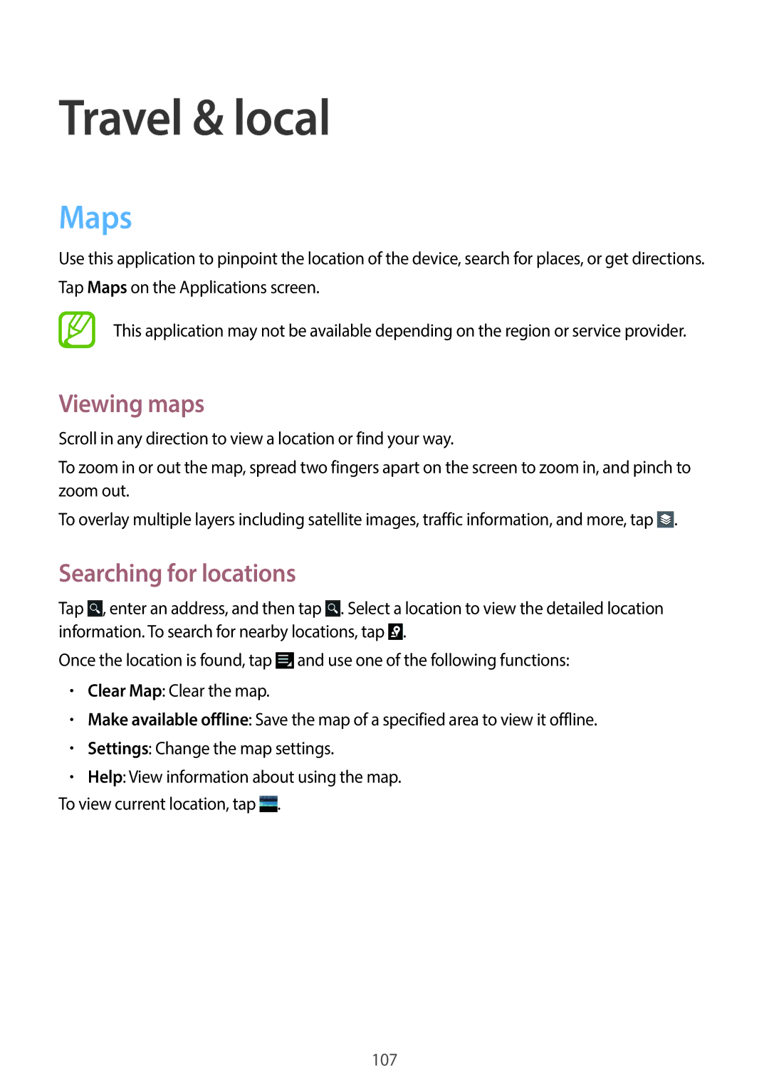 Samsung EK-GC110ZWAXAR user manual Travel & local, Maps, Viewing maps, Searching for locations 