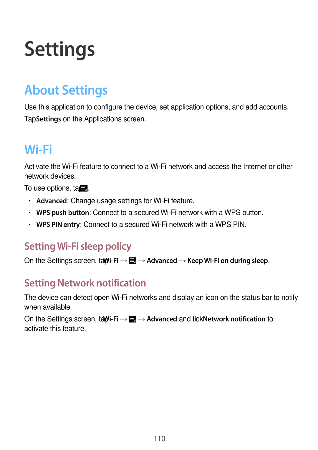 Samsung EK-GC110ZWAXAR user manual About Settings, Setting Wi-Fi sleep policy, Setting Network notification 