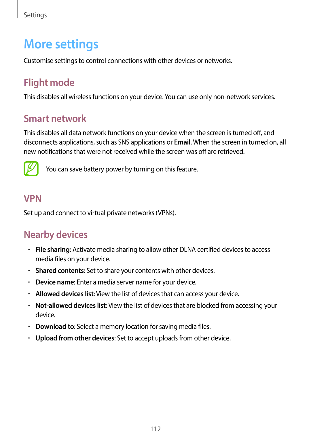 Samsung EK-GC110ZWAXAR user manual More settings, Flight mode, Smart network, Nearby devices 