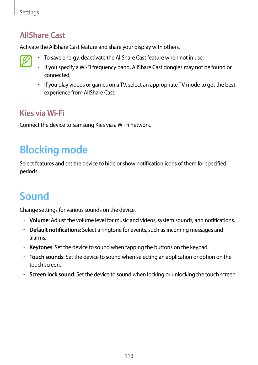 Samsung EK-GC110ZWAXAR user manual Blocking mode, Sound, AllShare Cast, Kies via Wi-Fi 