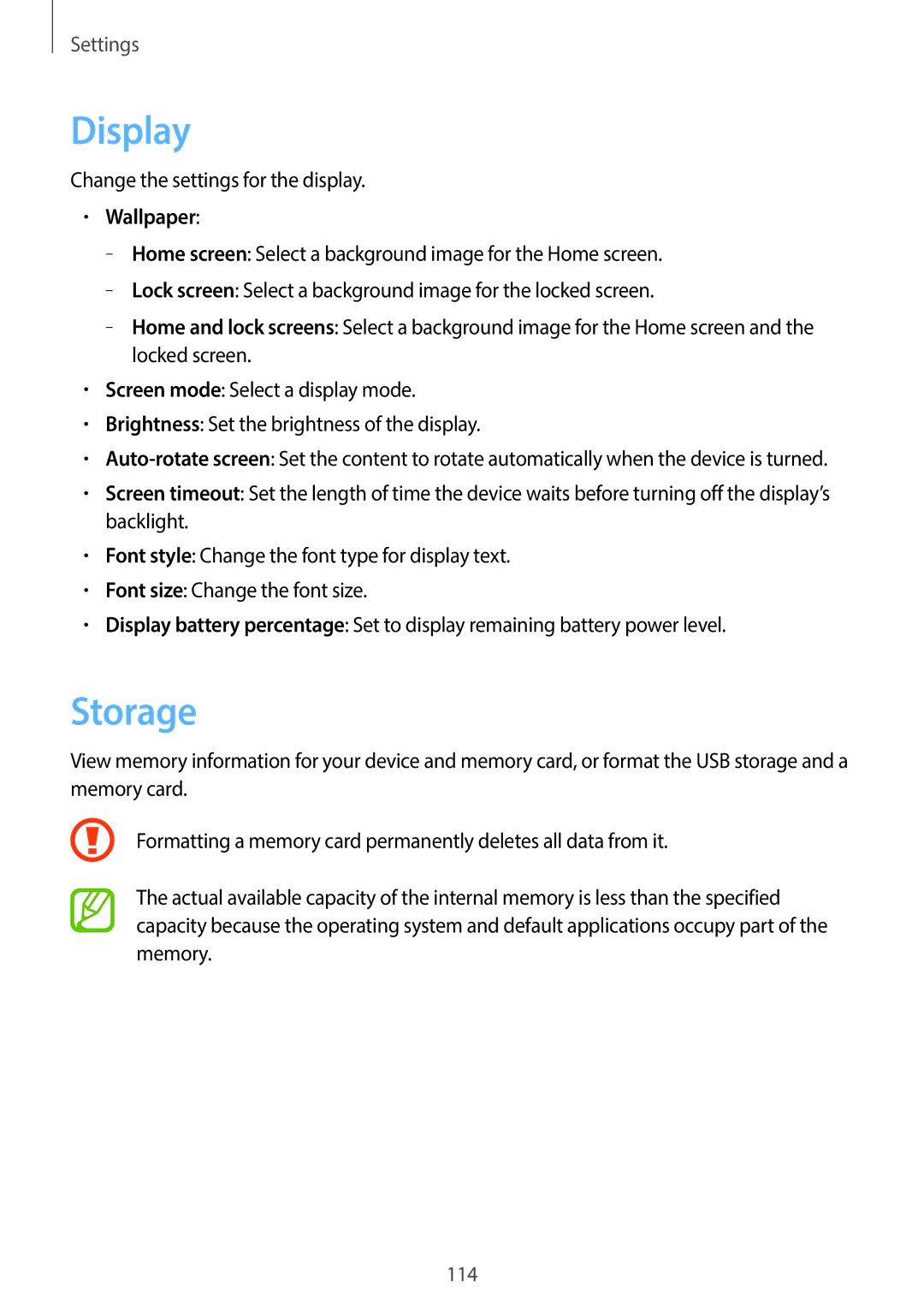 Samsung EK-GC110ZWAXAR user manual Display, Storage, Wallpaper 