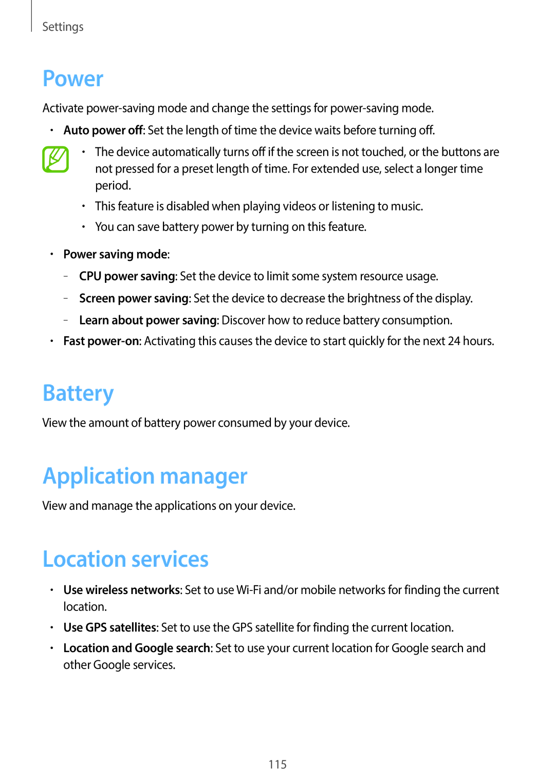 Samsung EK-GC110ZWAXAR user manual Battery, Application manager, Location services, Power saving mode 