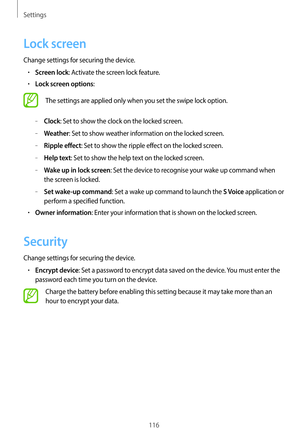 Samsung EK-GC110ZWAXAR user manual Security, Lock screen options 