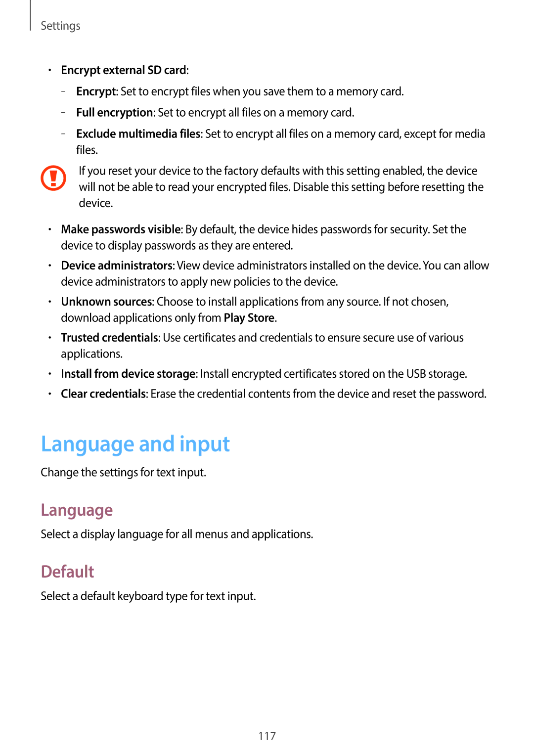 Samsung EK-GC110ZWAXAR user manual Language and input, Default, Encrypt external SD card 