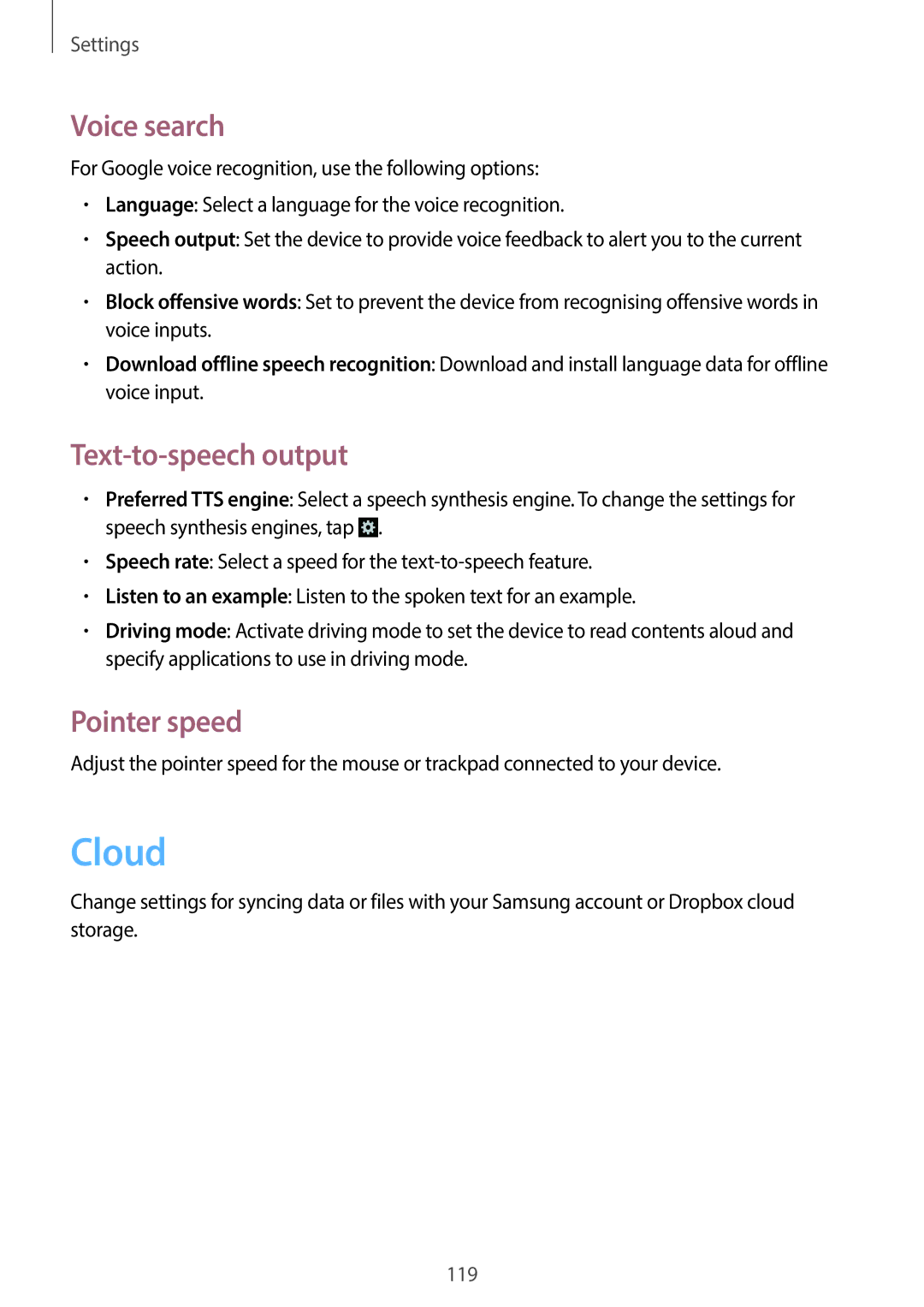 Samsung EK-GC110ZWAXAR user manual Cloud, Voice search, Text-to-speech output, Pointer speed 