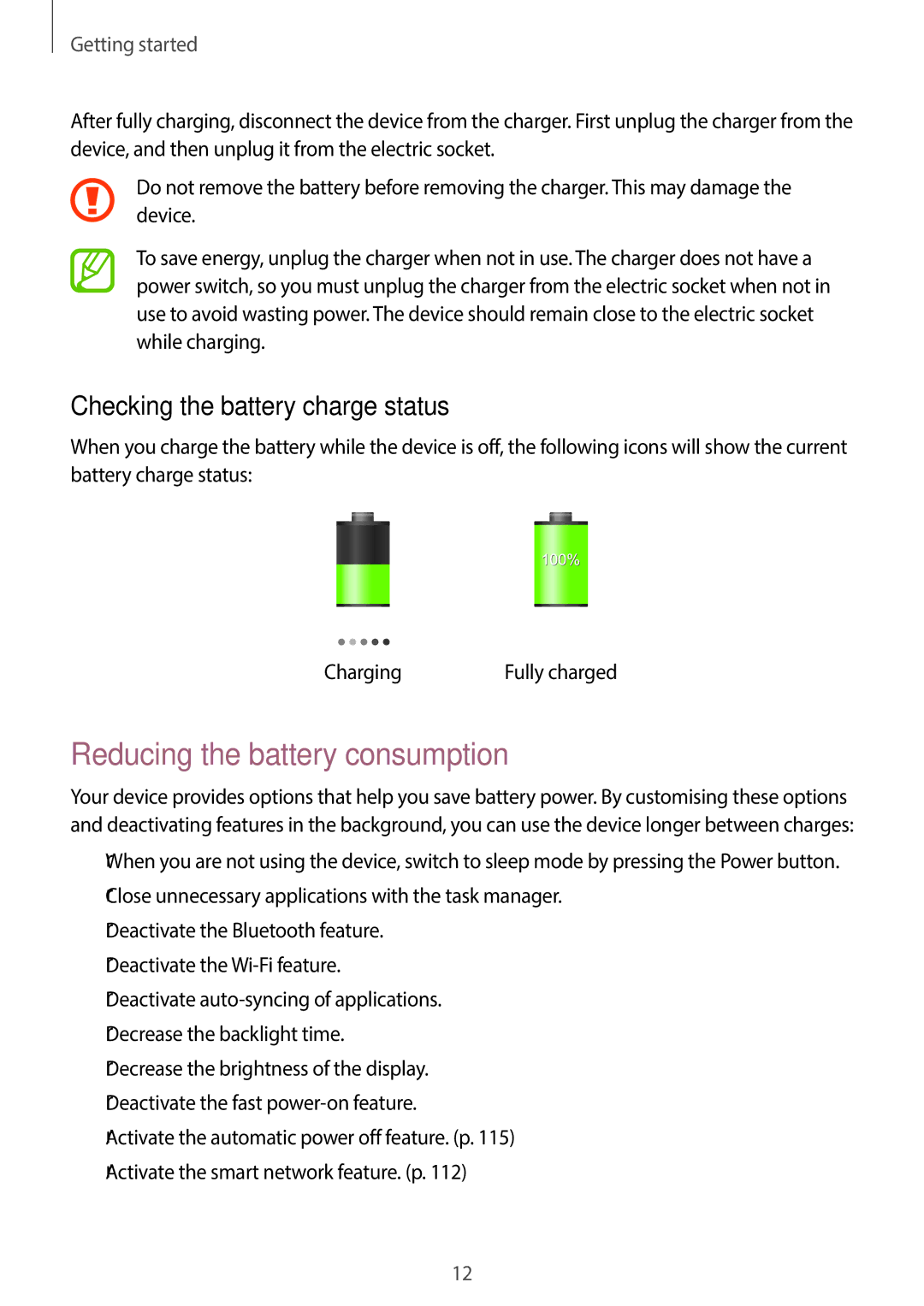 Samsung EK-GC110ZWAXAR user manual Reducing the battery consumption, Checking the battery charge status 