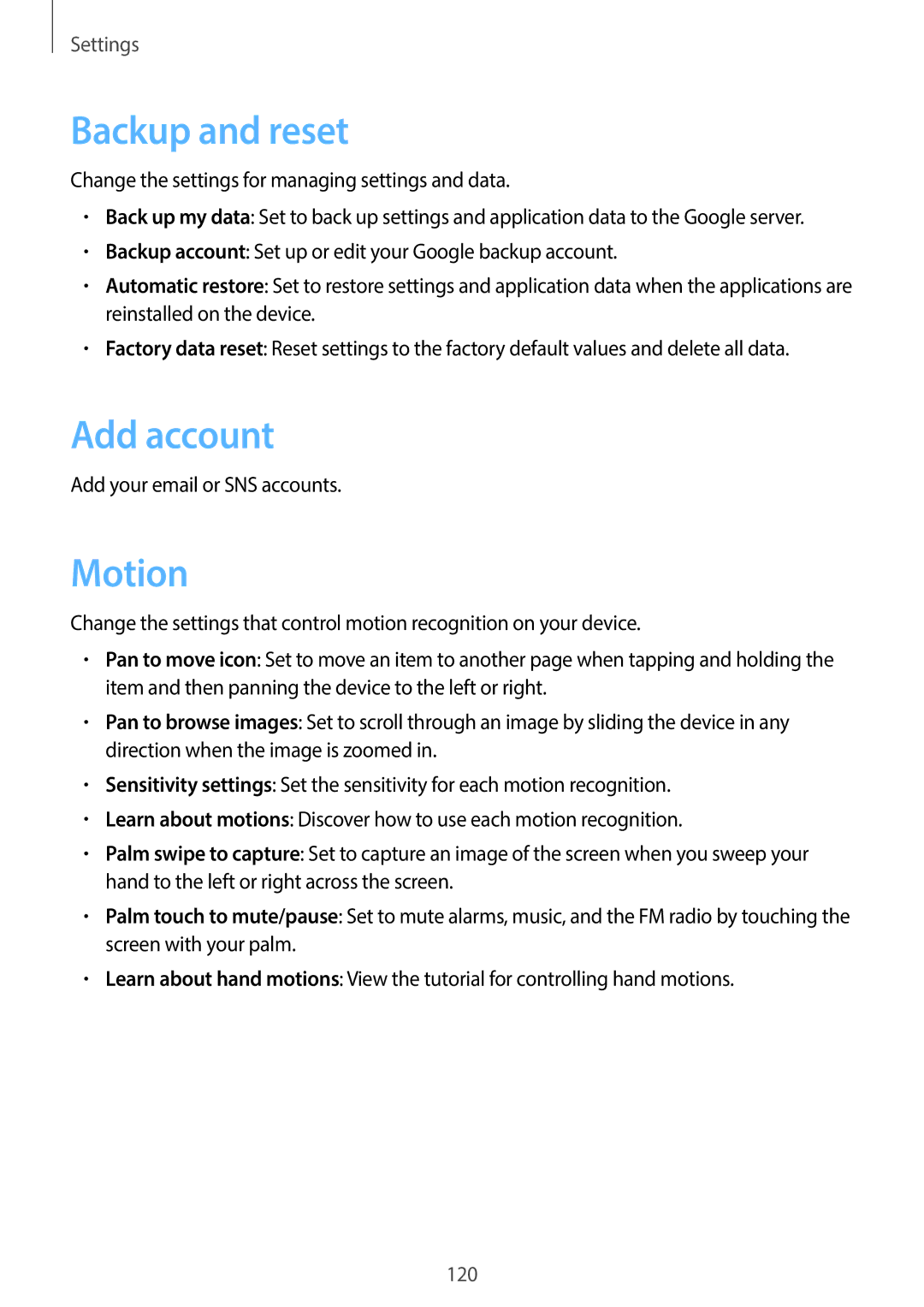 Samsung EK-GC110ZWAXAR user manual Backup and reset, Add account, Motion 