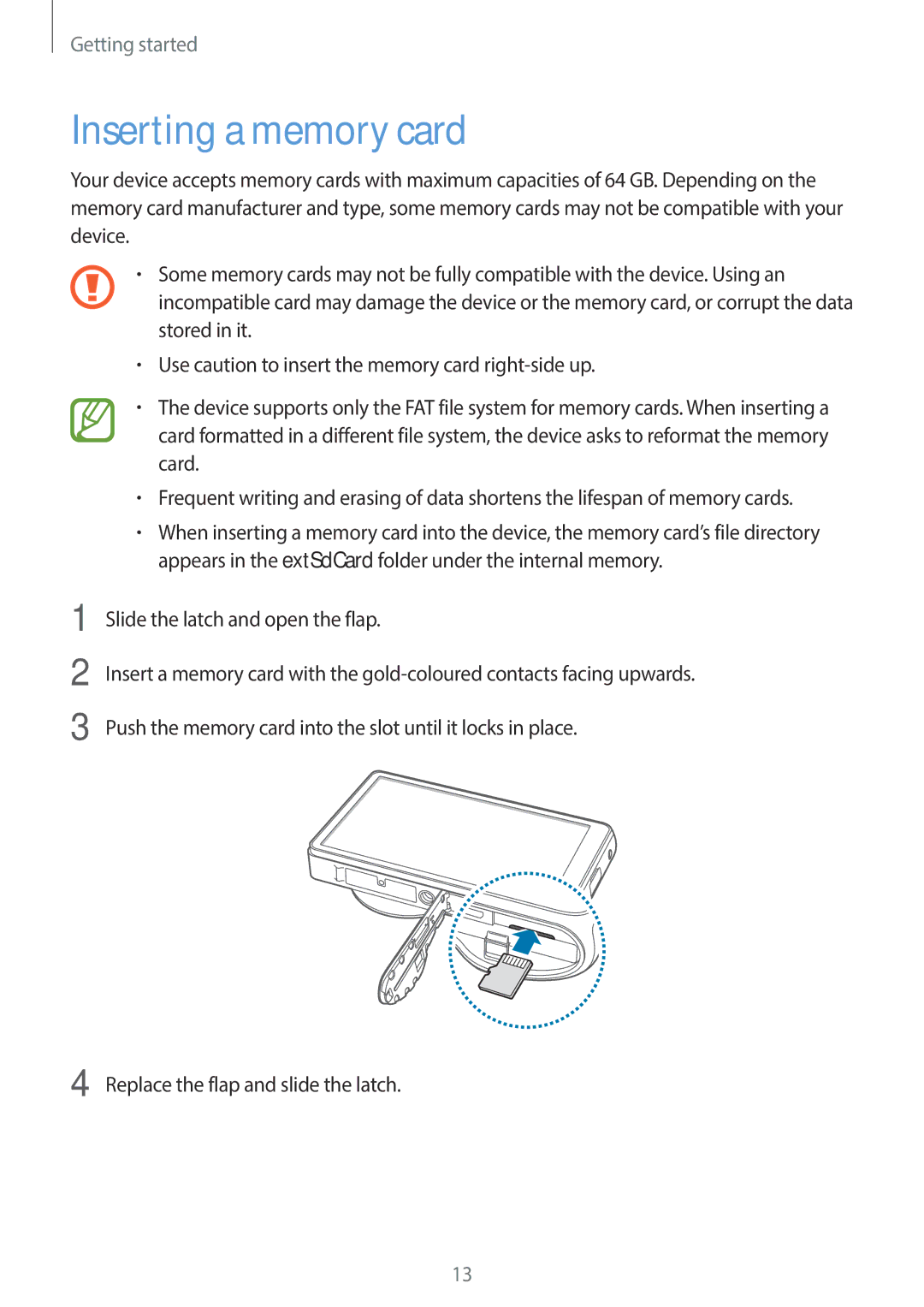 Samsung EK-GC110ZWAXAR user manual Inserting a memory card 