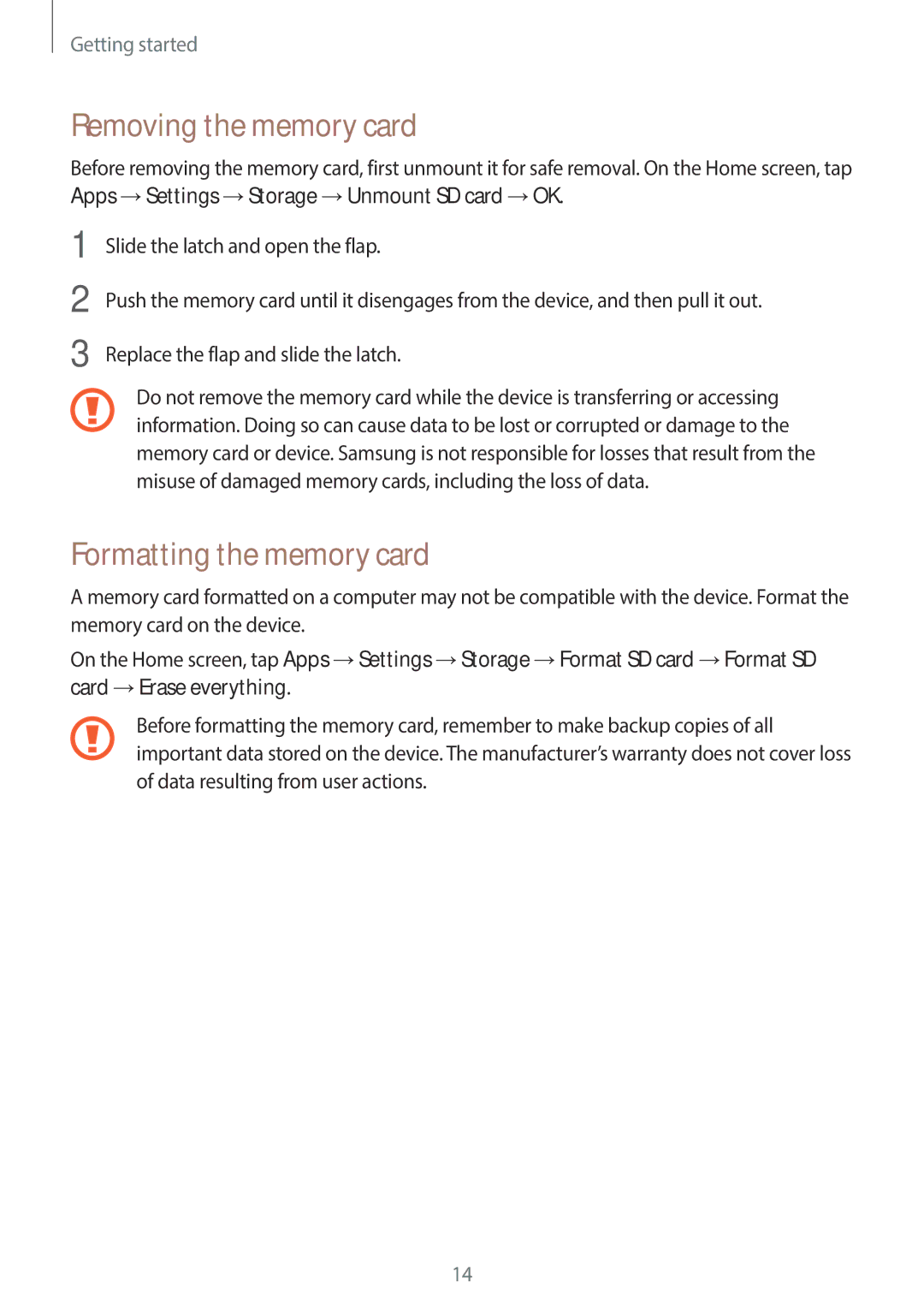 Samsung EK-GC110ZWAXAR user manual Removing the memory card, Formatting the memory card 