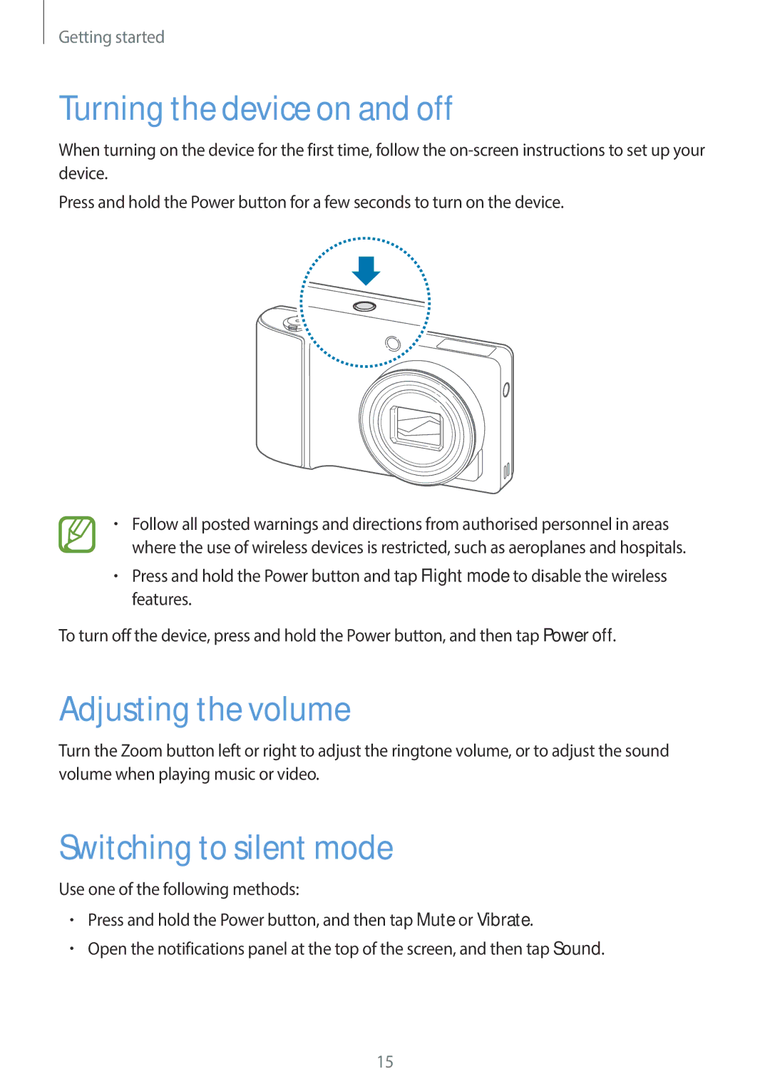 Samsung EK-GC110ZWAXAR user manual Turning the device on and off, Adjusting the volume, Switching to silent mode 